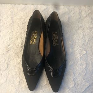 Salvatore Ferragamo black textured pointed square-toe flats shoes.